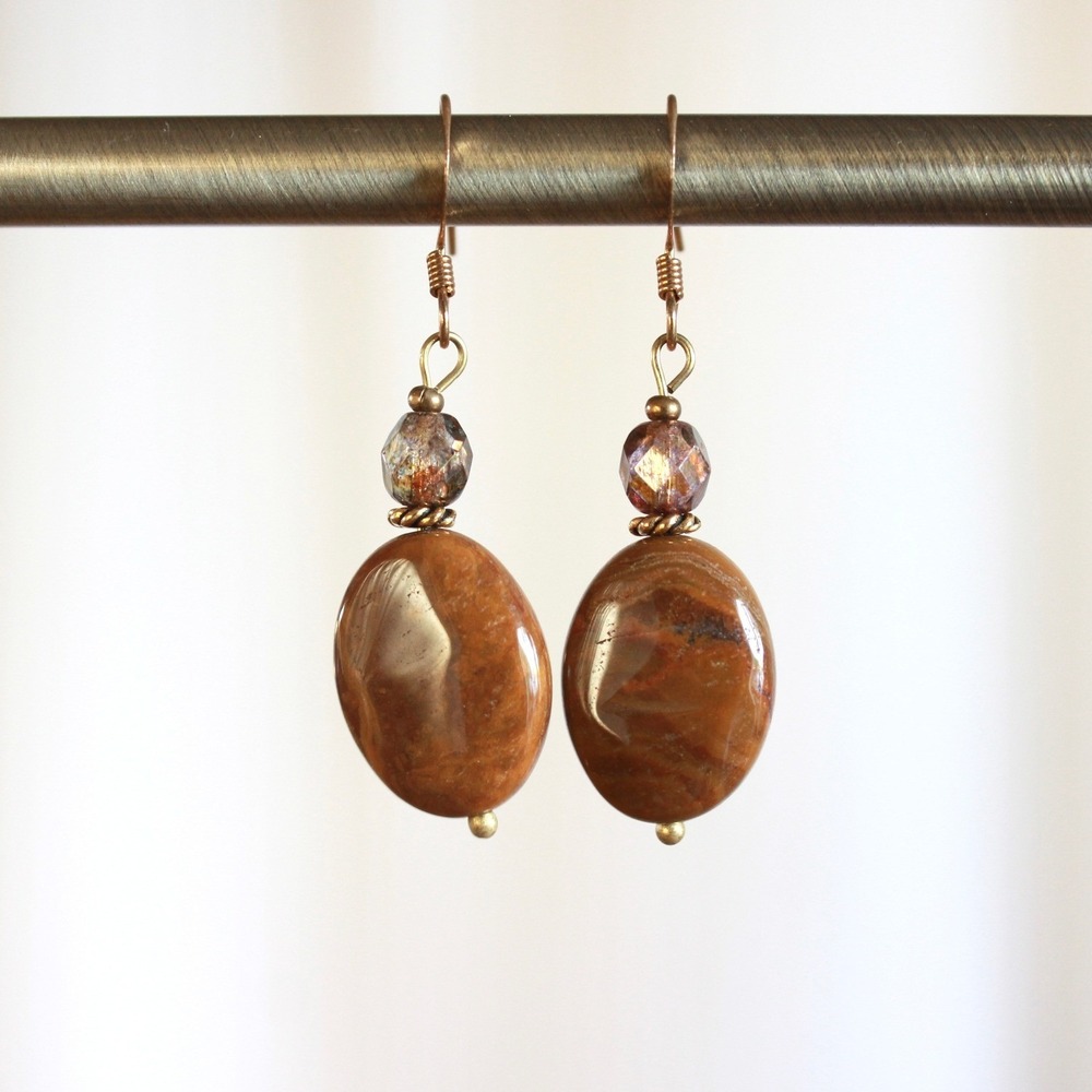 Handmade Brown Jasper Stone Drop Earrings Copper Toneโ Boho Oval Dangle Jewelry